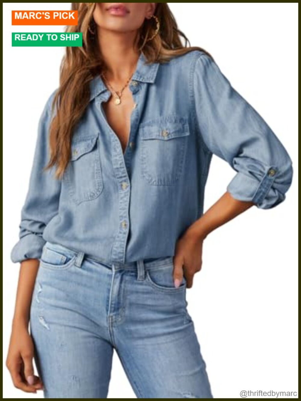 Astylish Women Denim Button Down Shirt Chambray Blouse Top